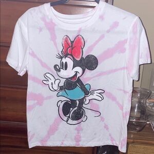 Disney White Pink Tie-Dye Minnie Mouse Tee with Teal Accent
